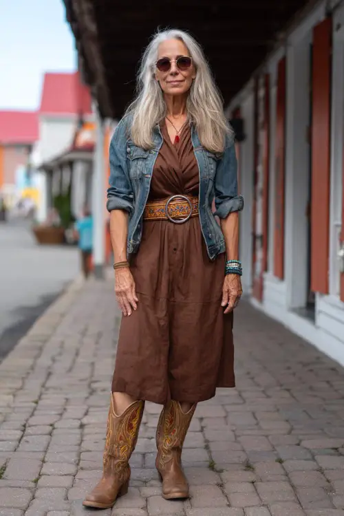 A woman over 50 wears an elegant country concert look featuring a midi dress cinched with a western belt, tall cowboy boots, and a cropped denim jacket