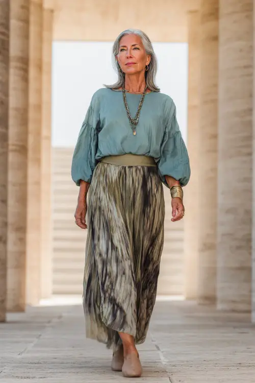 A woman over 50 wears an elevated boho chic look combining a pleated maxi skirt, a structured blouse, low block heels, and understated accessories
