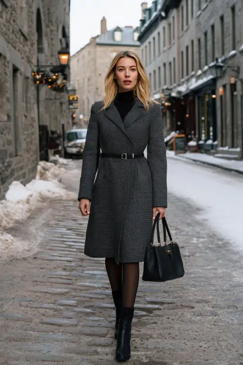 A woman styled in a long tailored coat over a knit dress, sheer tights, leather boots, and a structured handbag, walking through a snow-lined cobblestone street