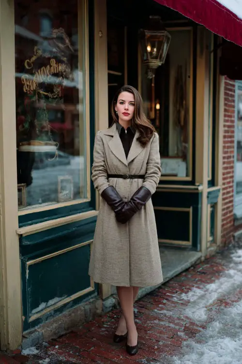 A woman wearing a classic A-line winter dress styled with a belted coat, leather gloves, and pointed-toe flats, standing outside a traditional café in winter
