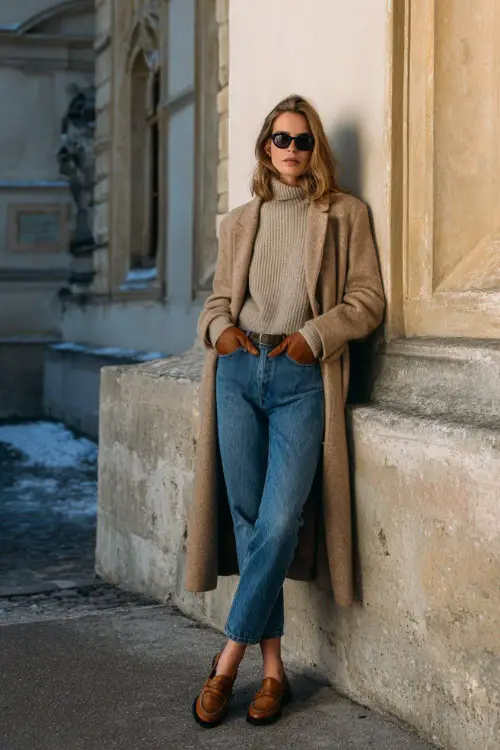 A woman wearing a long wool coat layered over a cashmere sweater and straight-leg jeans, styled with leather loafers and leather gloves, standing near historic buildings in winter