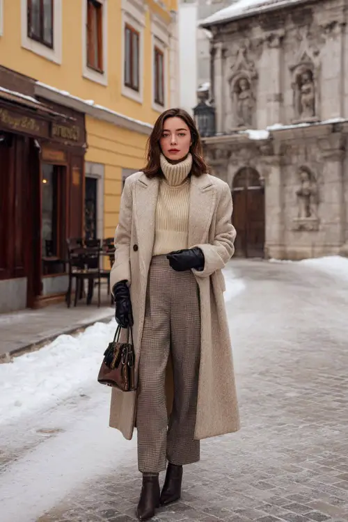 A woman wearing a long wool coat layered over a thick cashmere turtleneck and tailored trousers, styled with leather gloves, a structured handbag, and classic leather boots