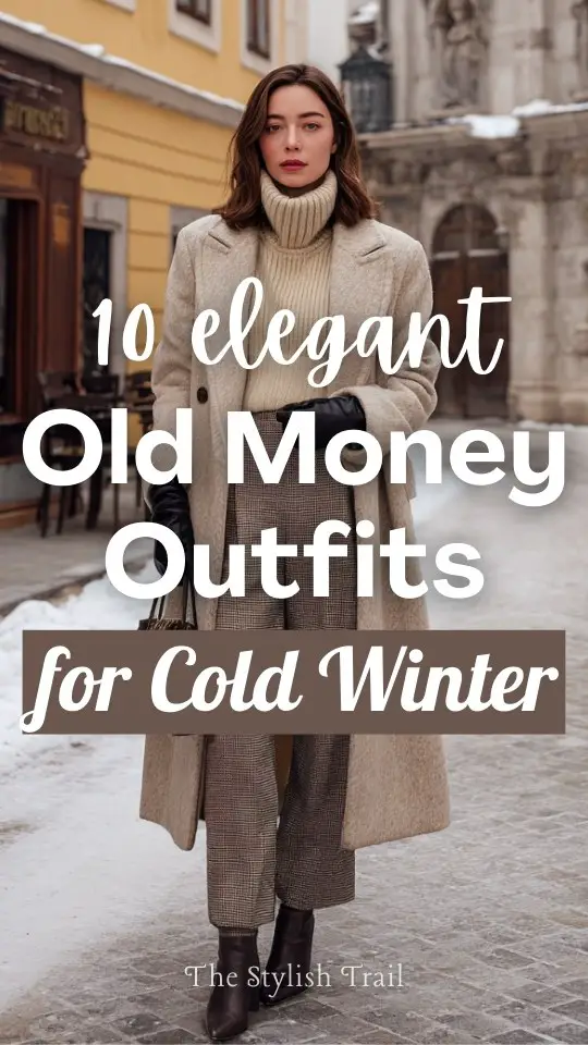 A woman wearing a long wool coat layered over an old money outfit for cold winter with a thick cashmere turtleneck and tailored trousers, styled with leather gloves