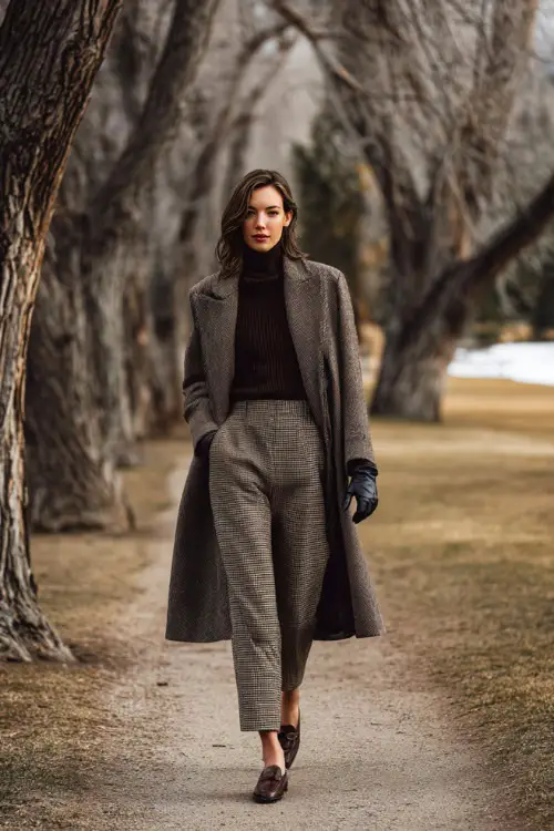 A woman wearing a long wool coat styled with a ribbed turtleneck, straight trousers, leather gloves, and classic loafers, walking through a quiet park with bare winter trees