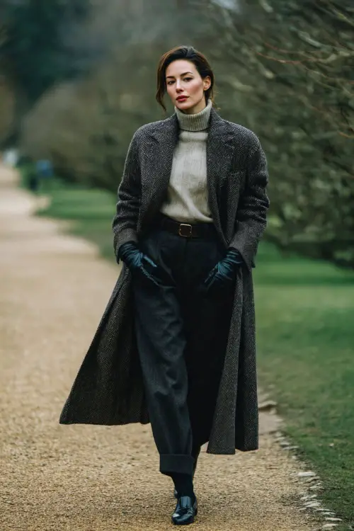 A woman wearing a long wool coat styled with a ribbed turtleneck, straight trousers, leather gloves, and classic loafers, walking through a quiet park with bare winter trees