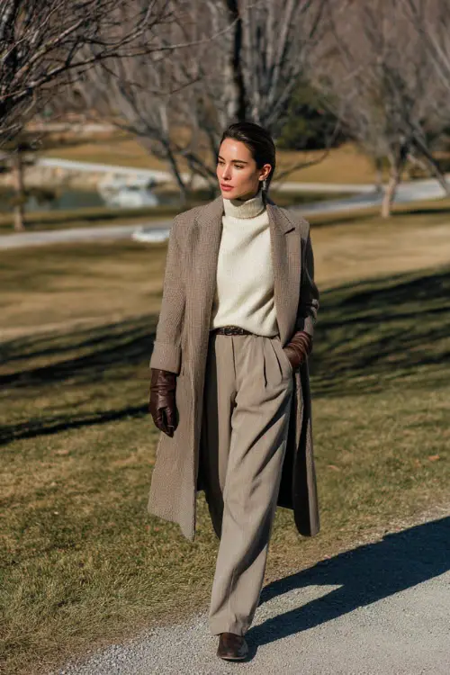 A woman wearing a long wool coat styled with a ribbed turtleneck, straight trousers, leather gloves, and classic loafers, walking through a quiet park with bare winter trees