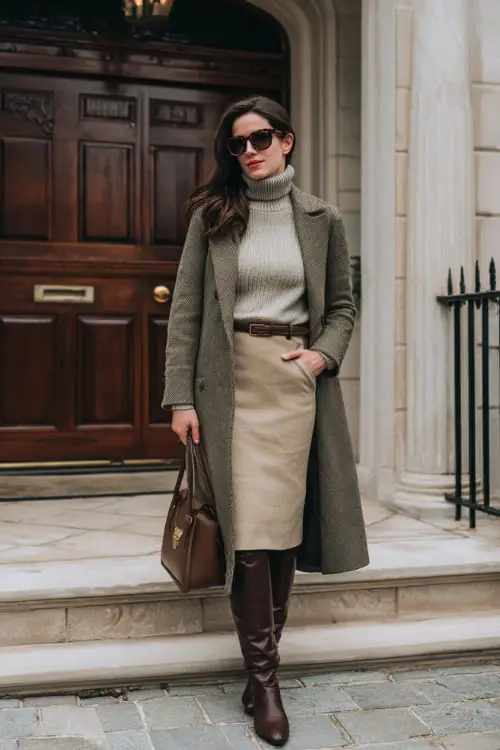 A woman wearing a neutral-toned skirt styled with a long wool coat, fitted knit sweater, leather riding boots, and a structured handbag, standing outside a classic townhouse in winter