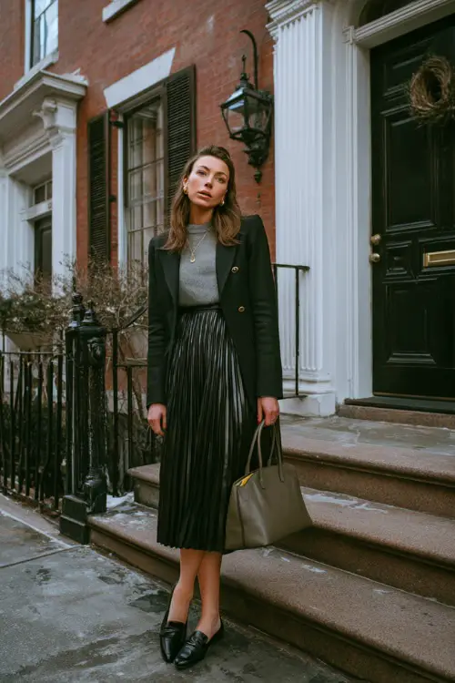 A woman wearing a pleated midi dress styled with a structured blazer, fine knit layer, leather loafers, and a top-handle handbag, standing near classic townhouses in winter