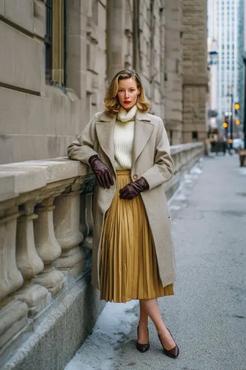 A woman wearing a pleated midi skirt styled with a ribbed cashmere sweater, belted wool coat, leather gloves, and classic pumps, standing along a quiet city sidewalk in winter