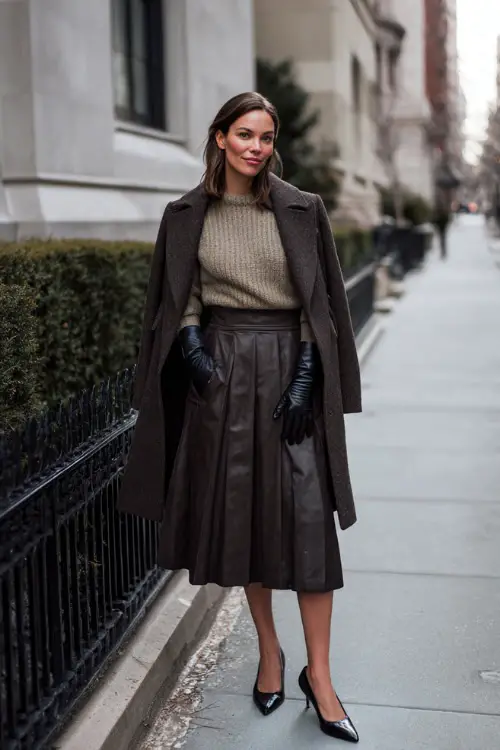 A woman wearing a pleated midi skirt styled with a ribbed cashmere sweater, belted wool coat, leather gloves, and classic pumps, standing along a quiet city sidewalk in winter