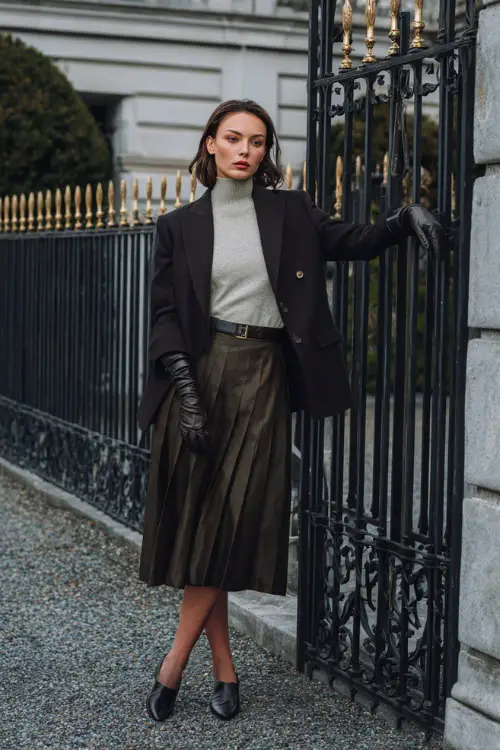 A woman wearing a pleated skirt styled with a fine merino wool turtleneck, structured blazer, leather gloves, and refined ankle shoes, standing near a wrought-iron gate in a winter setting