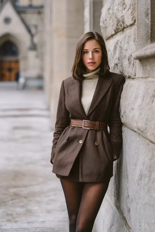 A woman wearing a refined winter dress styled with a tailored tweed blazer, leather belt, sheer tights, and classic pumps, standing near historic architecture in winter
