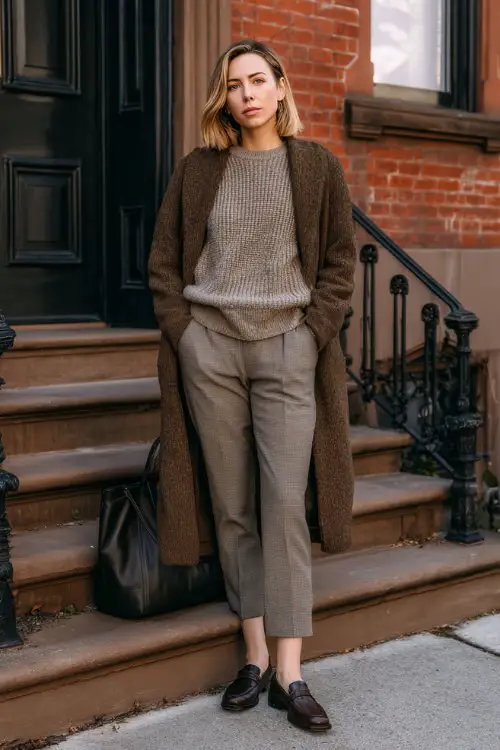 A woman wearing a ribbed knit sweater tucked into straight-leg trousers, layered with a long wool coat, leather loafers, and a structured tote, standing near classic townhouses during winter
