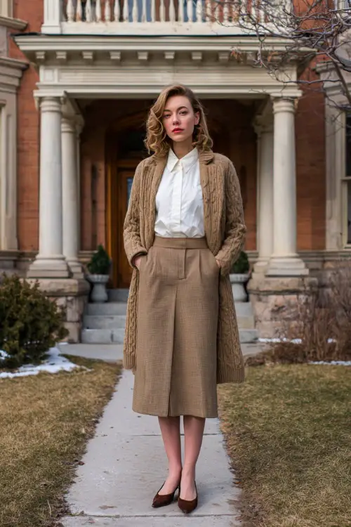 A woman wearing a straight-cut wool skirt styled with a crisp blouse, cable-knit sweater layered over the shoulders, tailored coat, and pointed-toe flats