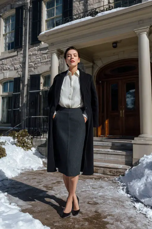 A woman wearing a straight-cut wool skirt styled with a crisp blouse, cable-knit sweater layered over the shoulders, tailored coat, and pointed-toe flats