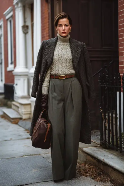 A woman wearing a tailored wool coat layered over a cable-knit sweater and wide-leg trousers, accessorized with a leather belt, gloves, and structured tote