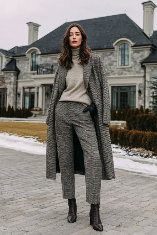 A woman wearing a thick wool overcoat paired with a cashmere sweater, tailored trousers, leather gloves, and refined ankle boots