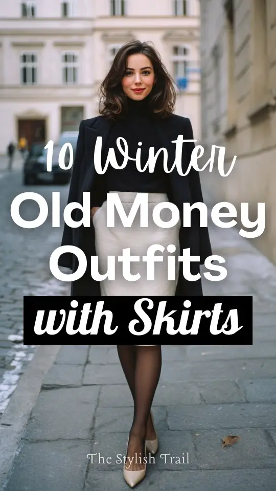 A woman wearing a winter old moneh outfit with a skirt styled with a fitted cashmere turtleneck, tailored coat, sheer tights, and classic leather pumps