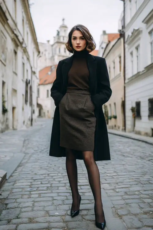A woman wearing a wool midi skirt styled with a fitted cashmere turtleneck, tailored coat, sheer tights, and classic leather pumps, standing on a quiet European street in winter