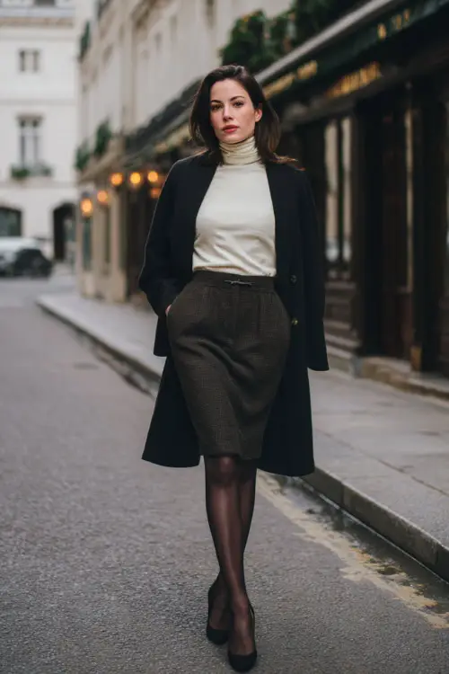 A woman wearing a wool midi skirt styled with a fitted cashmere turtleneck, tailored coat, sheer tights, and classic leather pumps, standing on a quiet European street in winter