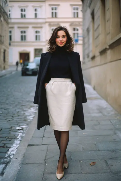A woman wearing a wool midi skirt styled with a fitted cashmere turtleneck, tailored coat, sheer tights, and classic leather pumps