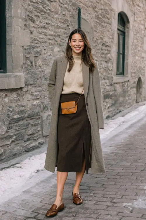 A woman wearing a wool midi skirt styled with a fitted knit sweater, casual wool coat, leather loafers, and a simple crossbody bag, standing along a cobblestone street in winter 