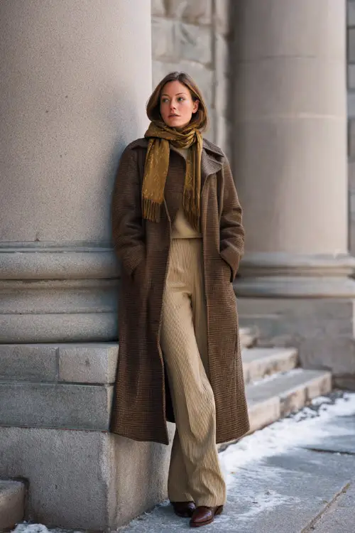 A woman wearing a wool trench coat layered over a ribbed turtleneck and straight-leg trousers, accessorized with a silk scarf, leather gloves, and classic loafers