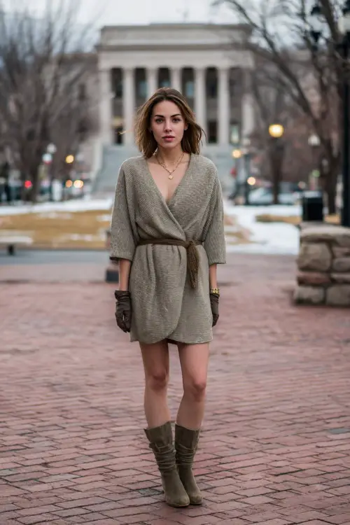 A woman wearing a wool wrap dress styled with a fine knit cardigan, leather gloves, ankle boots, and minimal gold jewelry, standing in a quiet winter square
