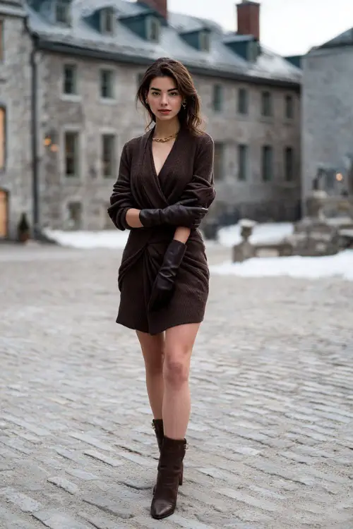 A woman wearing a wool wrap dress styled with a fine knit cardigan, leather gloves, ankle boots, and minimal gold jewelry, standing in a quiet winter square