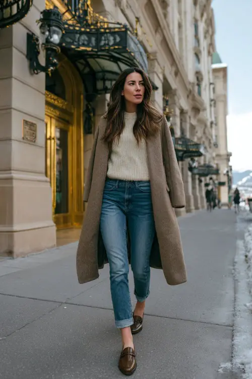 A woman wearing classic blue jeans styled with a cashmere sweater, long wool coat, and elegant leather loafers, walking along an upscale shopping street in winter