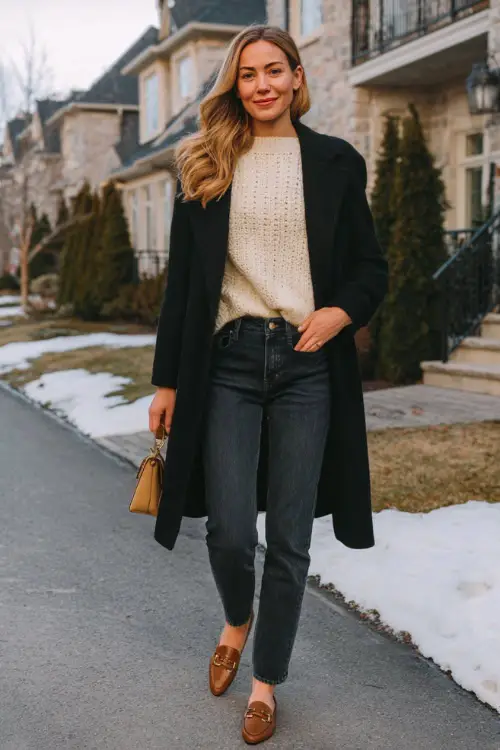 A woman wearing straight-leg jeans styled with a fine knit sweater, belted wool coat, leather flats, and a structured handbag
