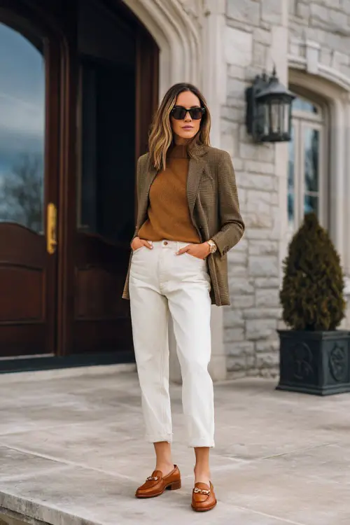 A woman wearing straight-leg jeans styled with a fine knit sweater, structured blazer, and elegant leather loafers, standing in an upscale residential neighborhood during winter 