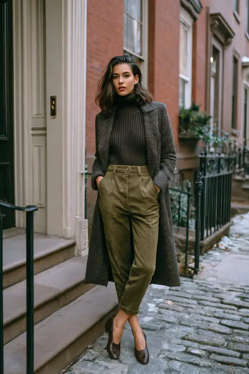 A woman wearing tailored trousers styled with a ribbed turtleneck, belted wool coat, and refined leather flats, standing near classic townhouses in winter 