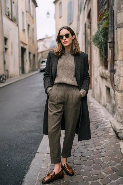 A woman wearing tailored wool trousers styled with a cashmere sweater, long wool coat, and polished leather loafers, standing on a quiet European street in winter
