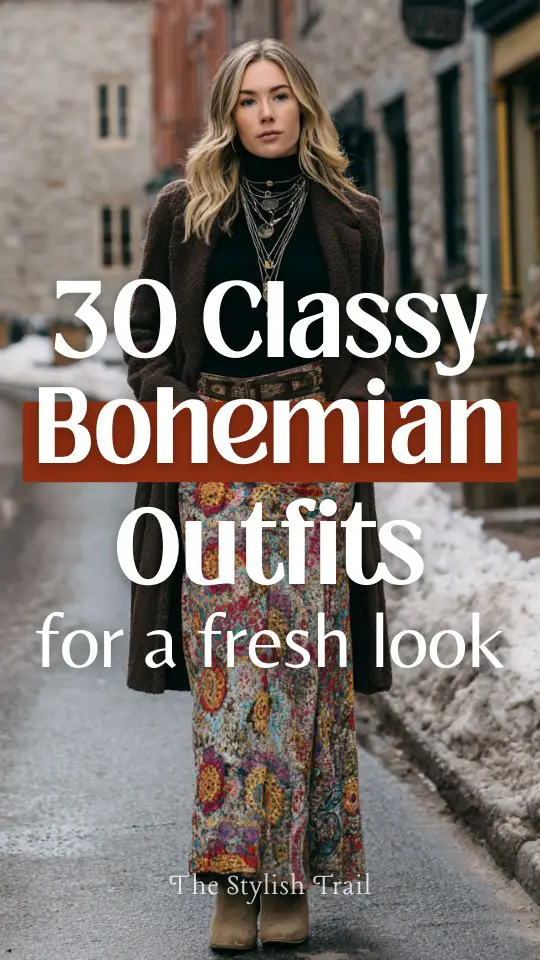 A woman wears a boho outfit with a printed maxi skirt, a fitted turtleneck, a long wool coat, and suede boots