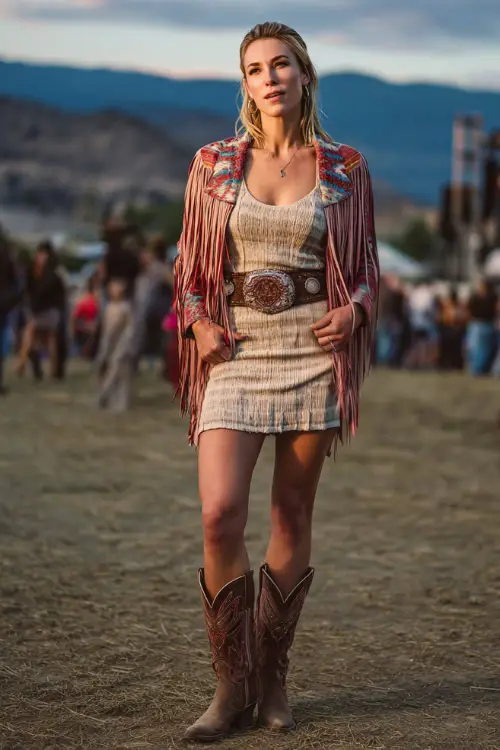 A woman wears a bold country concert outfit with a fitted knit dress paired with a fringe jacket, tall cowboy boots, and a wide western belt 