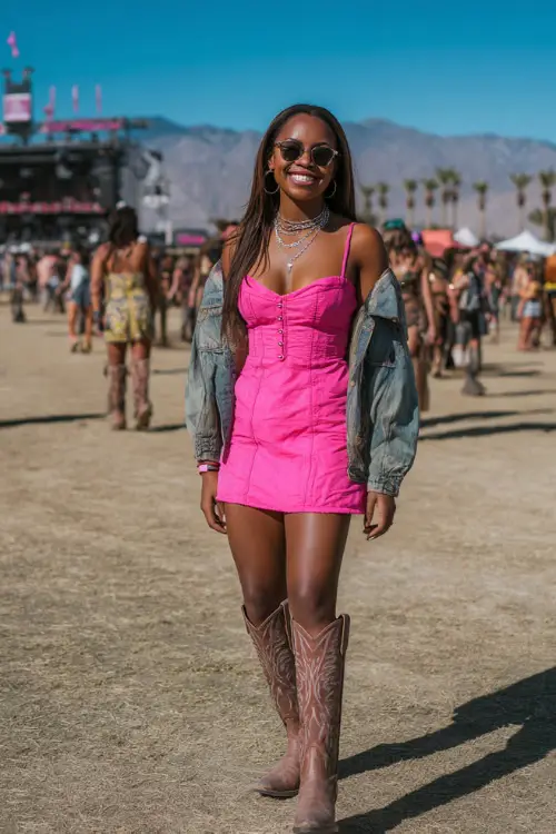 A woman wears a bold hot pink western outfit featuring a fitted pink mini dress layered with a distressed denim jacket and tall cowboy boots, walking through a crowded country concert venue