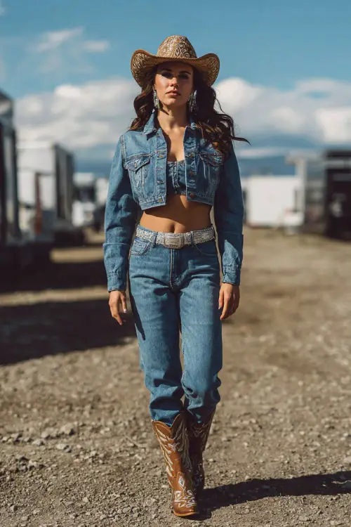 A woman wears a bold western concert outfit with a denim-on-denim look including a cropped denim jacket, fitted top, matching jeans, and embroidered cowboy boots 