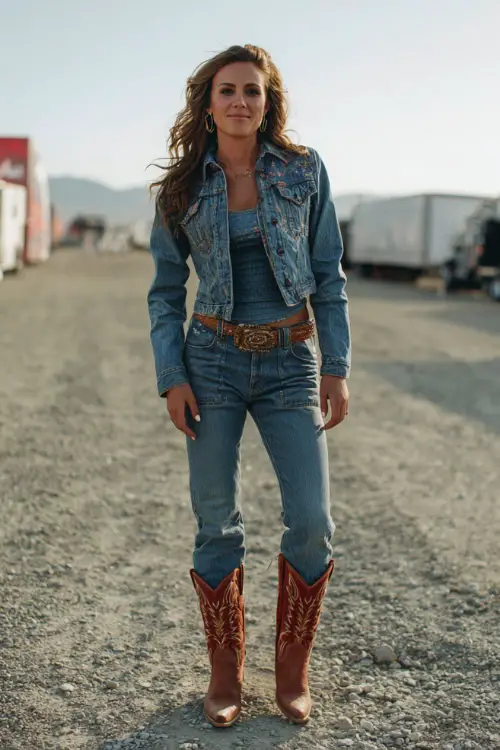 A woman wears a bold western concert outfit with a denim-on-denim look including a cropped denim jacket, fitted top, matching jeans, and embroidered cowboy boots