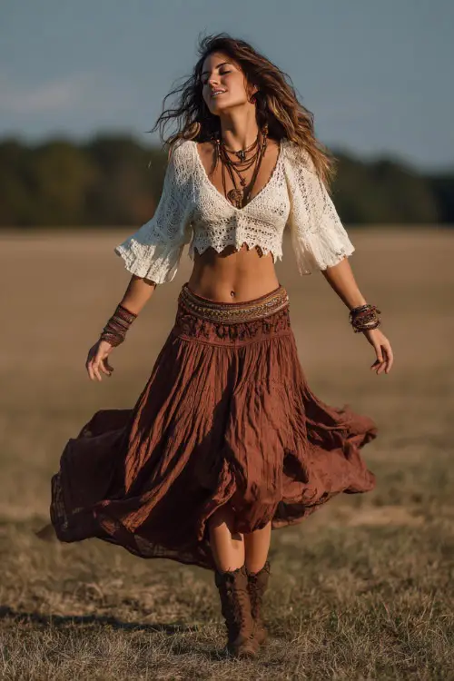 A woman wears a carefree hippie boho outfit featuring a crochet top, a flowing maxi skirt, ankle boots, and layered bracelets, styled in a warm outdoor countryside environment 