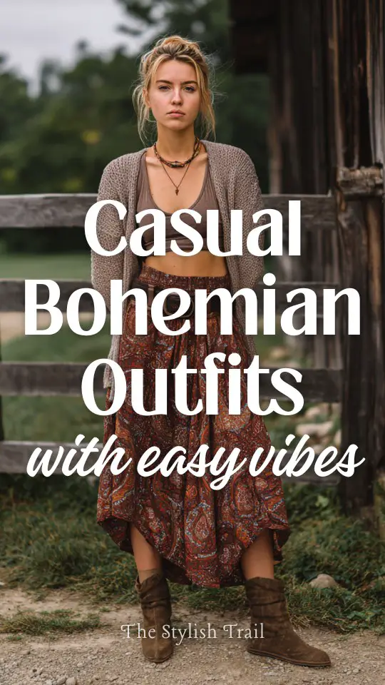 A woman wears a casual boho outfit with a cropped knit cardigan, a flowy printed midi skirt, ankle boots, and a leather belt