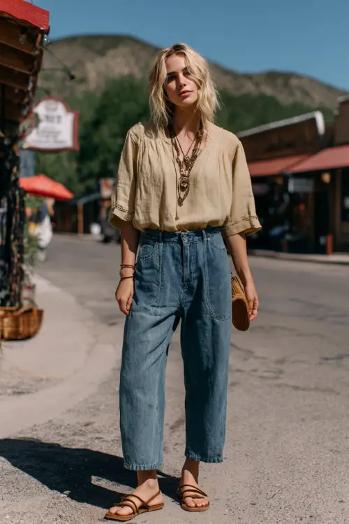 A woman wears a casual boho outfit with a loose linen blouse, high-waisted relaxed-fit jeans, flat leather sandals, and layered necklaces, styled in a sunny outdoor street setting
