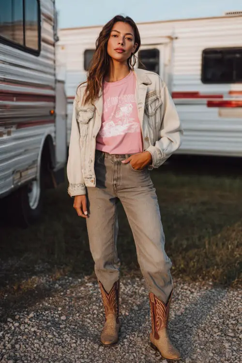 A woman wears a casual pink western look featuring a pink graphic tee, oversized denim jacket, straight jeans, and classic cowboy boots, posing near food trucks at a country concert 