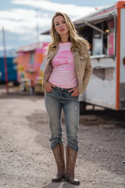 A woman wears a casual pink western look featuring a pink graphic tee, oversized denim jacket, straight jeans, and classic cowboy boots, posing near food trucks at a country concert