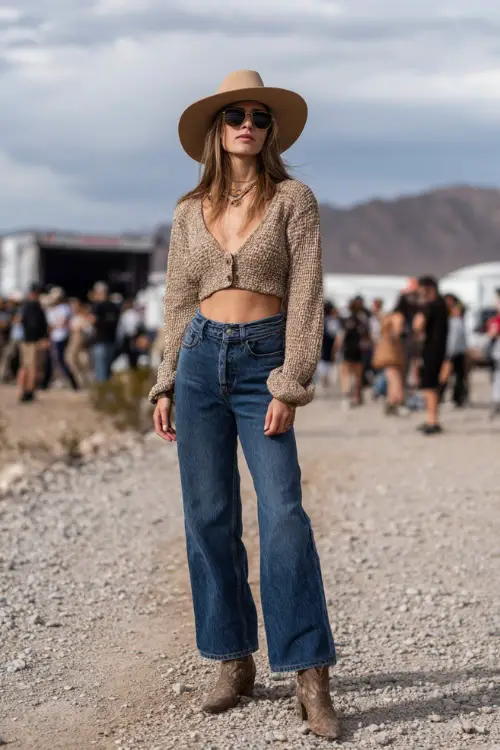 A woman wears a casual spring country concert look with a cropped cardigan paired with straight-leg denim jeans, ankle cowboy boots, and a wide-brim felt hat 