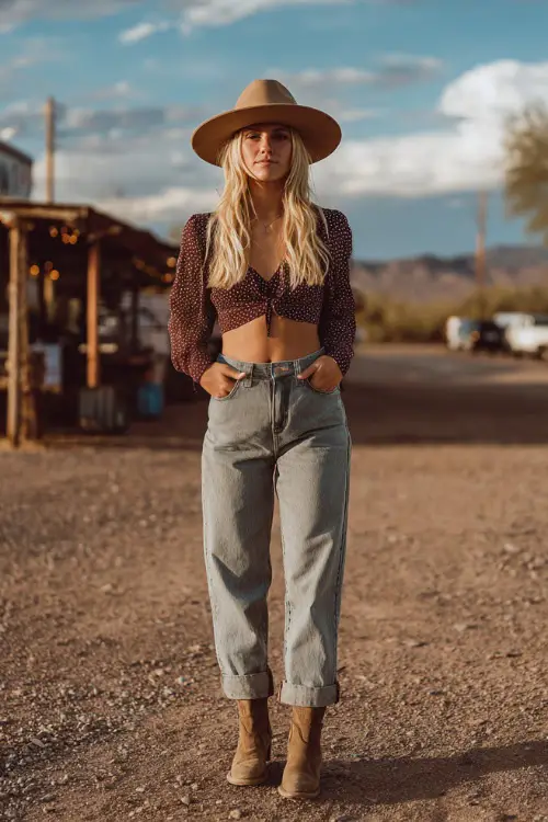 A woman wears a casual spring country concert look with a cropped cardigan paired with straight-leg denim jeans, ankle cowboy boots, and a wide-brim felt hat 