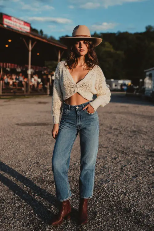 A woman wears a casual spring country concert look with a cropped cardigan paired with straight-leg denim jeans, ankle cowboy boots, and a wide-brim felt hat