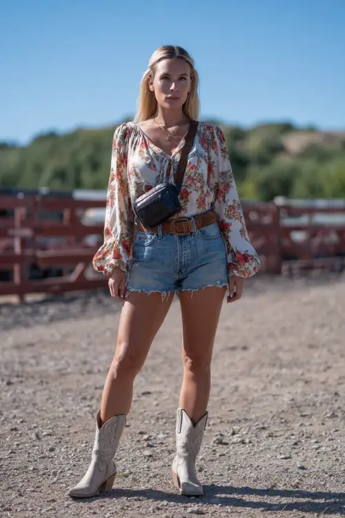 A woman wears a casual spring country concert look with high-waisted denim shorts, a flowy blouse, classic cowboy boots, and a crossbody bag 