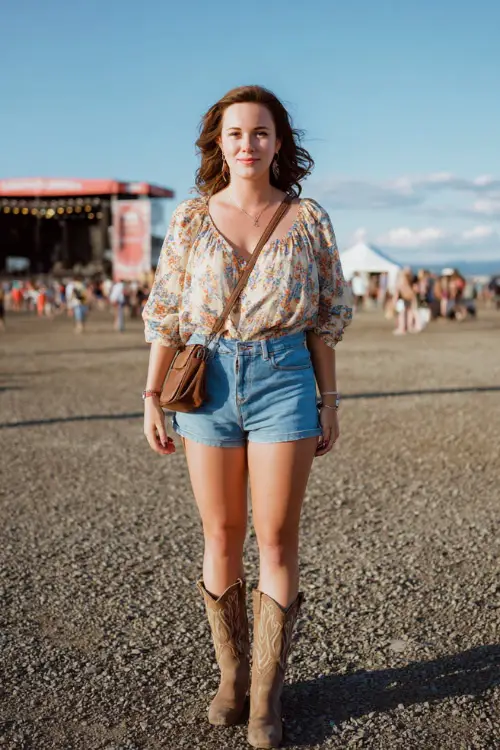 A woman wears a casual spring country concert look with high-waisted denim shorts, a flowy blouse, classic cowboy boots, and a crossbody bag