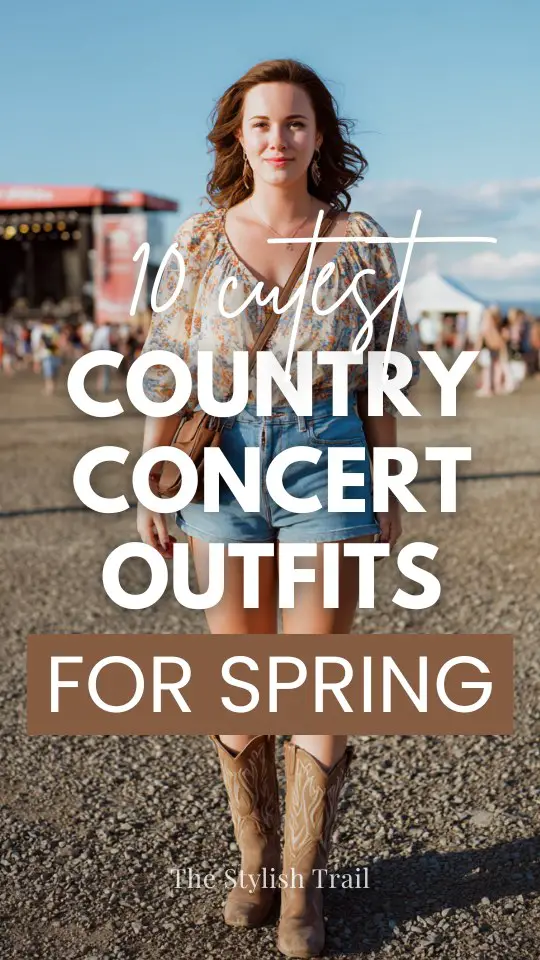 A woman wears a casual spring country concert outfit with high-waisted denim shorts, a flowy blouse, classic cowboy boots, and a crossbody bag